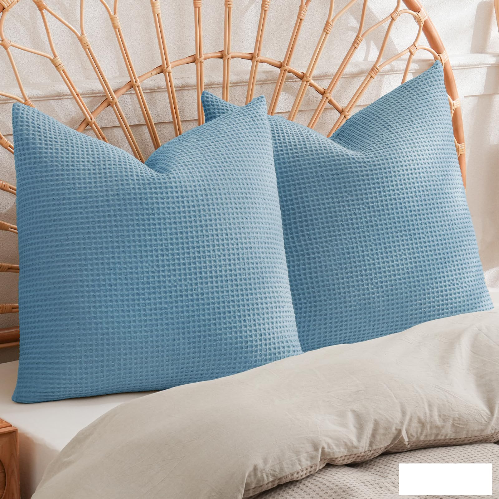 Photo 1 of PHF 100% Cotton Waffle Weave Throw Pillow Cover, 18" x 18", No Insert, 2 Pack Elegant Home Decorative Square Throw Pillow Covers for Bed Couch Sofa, Dusty Blue