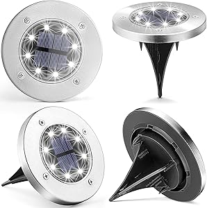 GIGALUMI Solar Ground Lights, 4 Pack Solar Disk Lights Outdoor, 8 LED Upgraded Waterproof In-Ground Landscape Lighting for Garden Walkway Pathway Lawn Patio Deck Yard(White)
