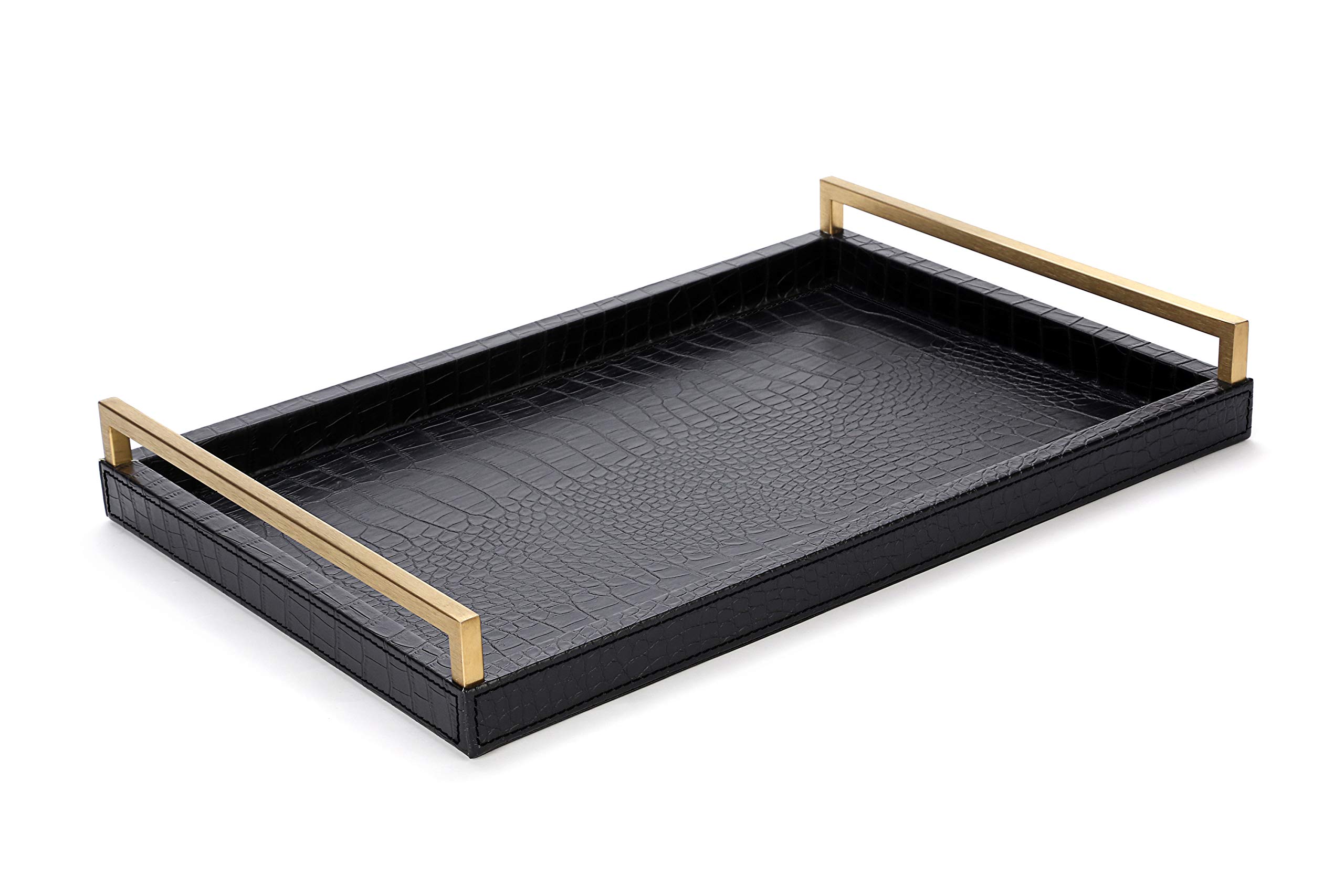 Large Leather Ottoman Serving Tray 45 x 30 cm with Brushed Gold Handles for Bars Party Dinner Modern Home Decor Bathroom (Black)