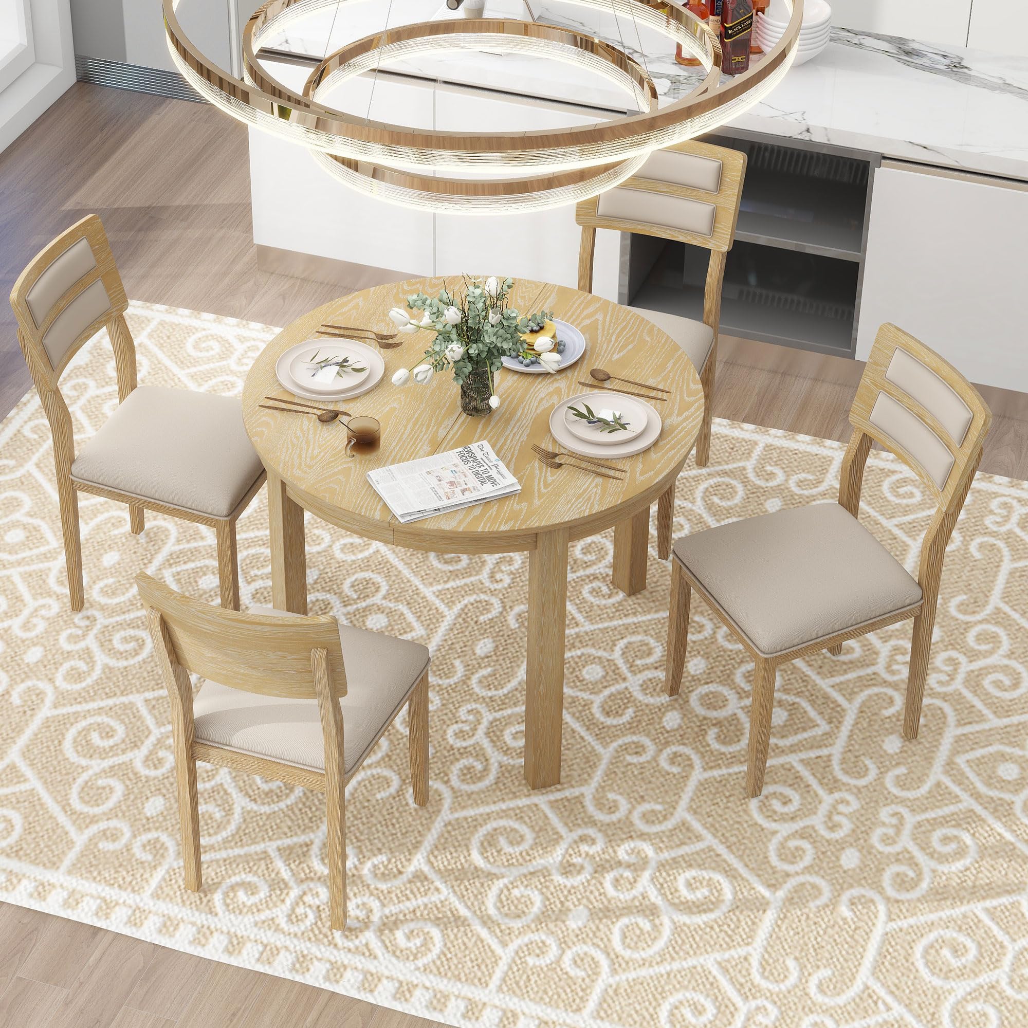 Photo 1 of *MISSING HARDWARE* Merax Farmhouse Wood 5-Piece Multifunction Dining Set, 56 inch Extendable Round Table with Storage Drawers, 4 Upholstered Chairs for Kitchen, Natural Wood Wash