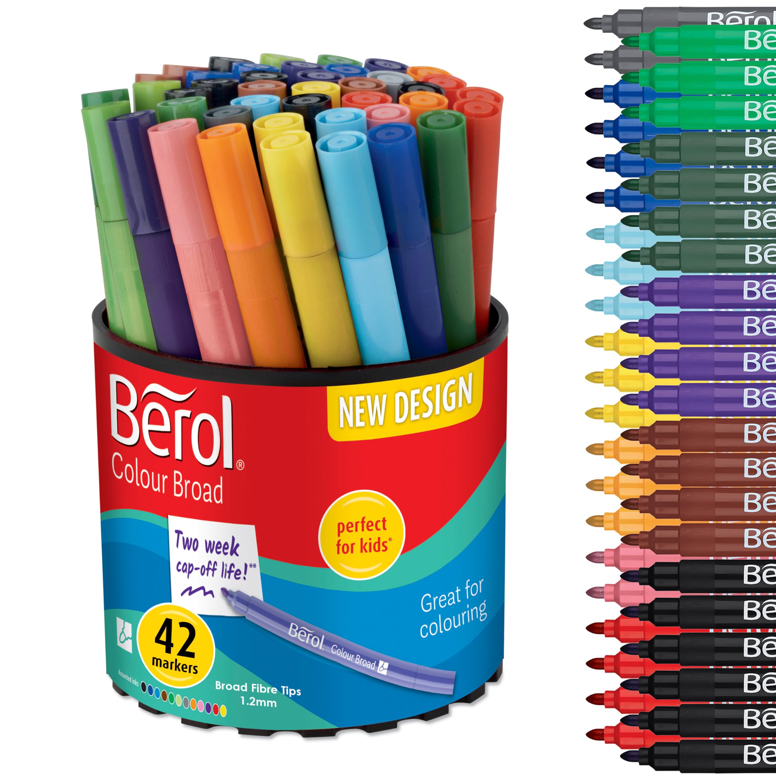 Berol Felt Tip Colouring Pens | Broad Point (1.2mm) | Assorted Colours with Washable Ink | Tub of 42 Markers