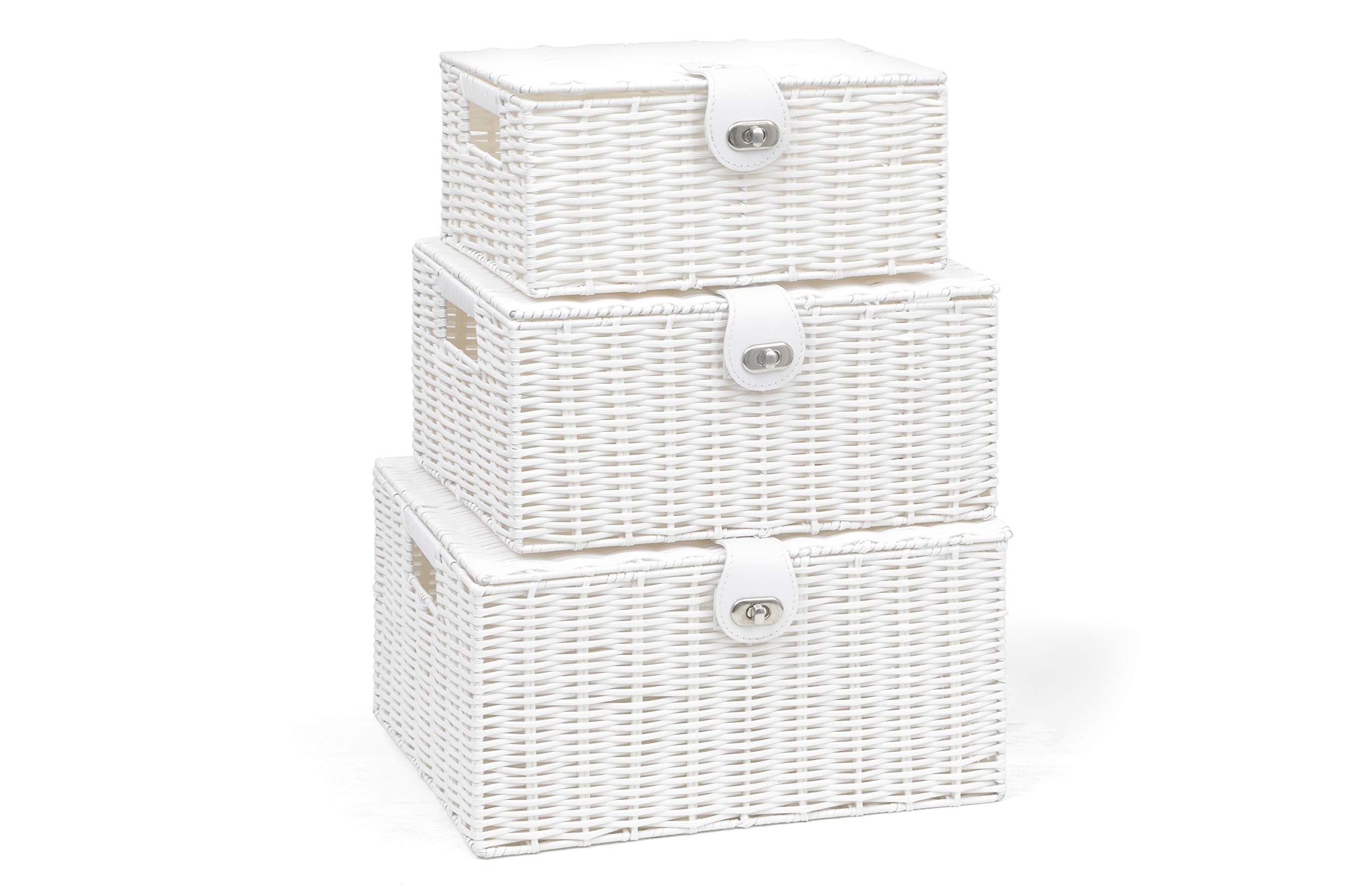 ARPAN Set of 3 Resin Woven Storage Basket Box With Lid & Lock (White)