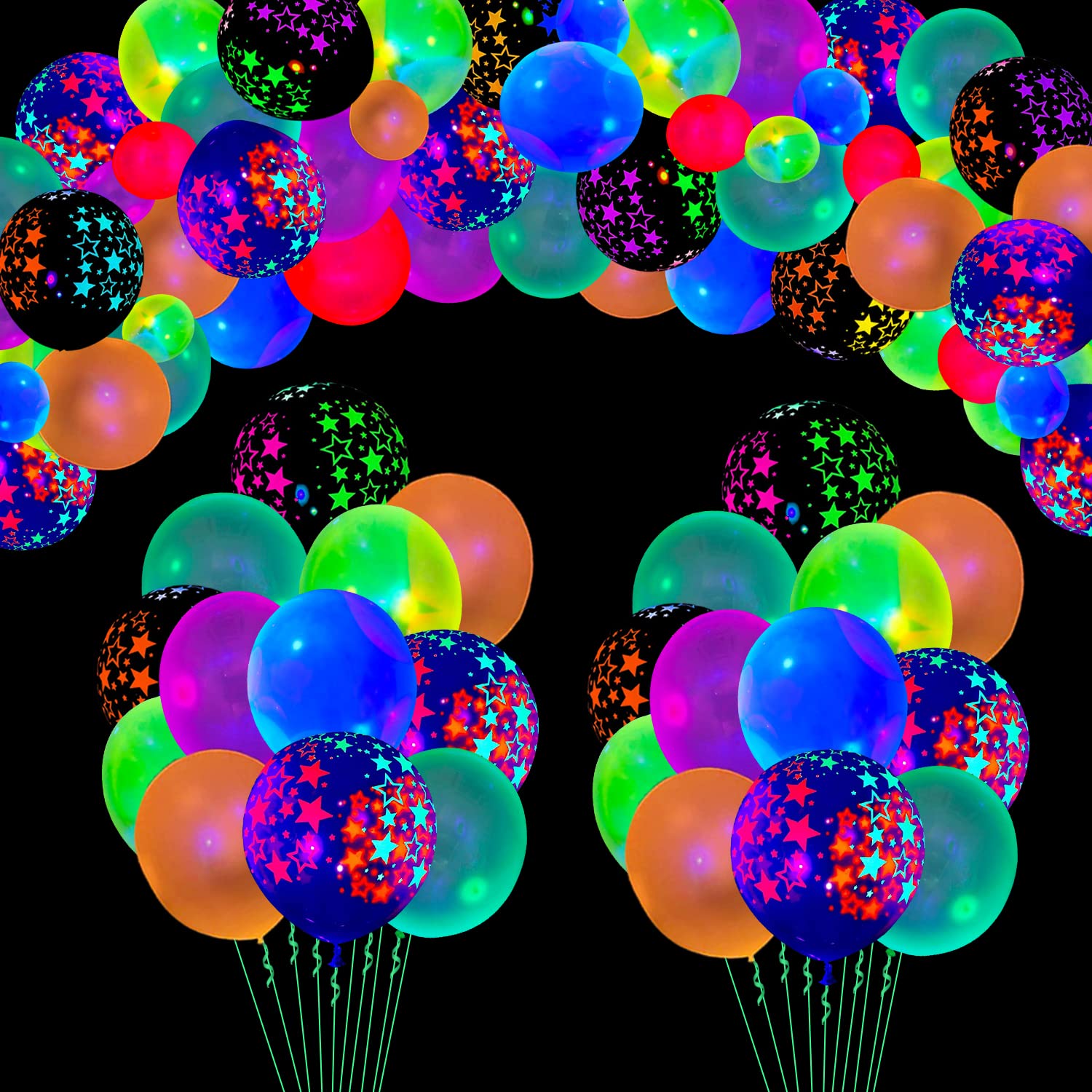 109 Pack UV Neon Balloons - Light Up, Glow in The Dark, Blacklight Reactive Fluorescent Stars Latex Balloons - Neon Party Supplies with Black Lights for Glow Party - Assorted Colors