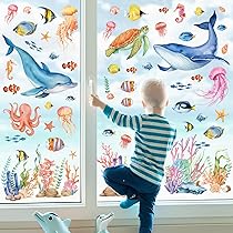 Under The Sea Window Clings - 4 Sheets Of Ocean Life Stickers With Turtles, Jellyfish & Seahorses