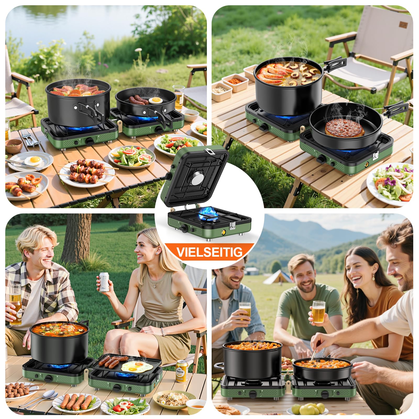 2-Flammig Campingkocher Gas Faltbar, Camping Gaskocher Herd mit Zünder & Tragetasche für Outdoor-Kochen, Campingplatz, Gartenparty, Grillabend, Picknick, Festival-Camping, Vanlife (ohne Grillplatte) 9