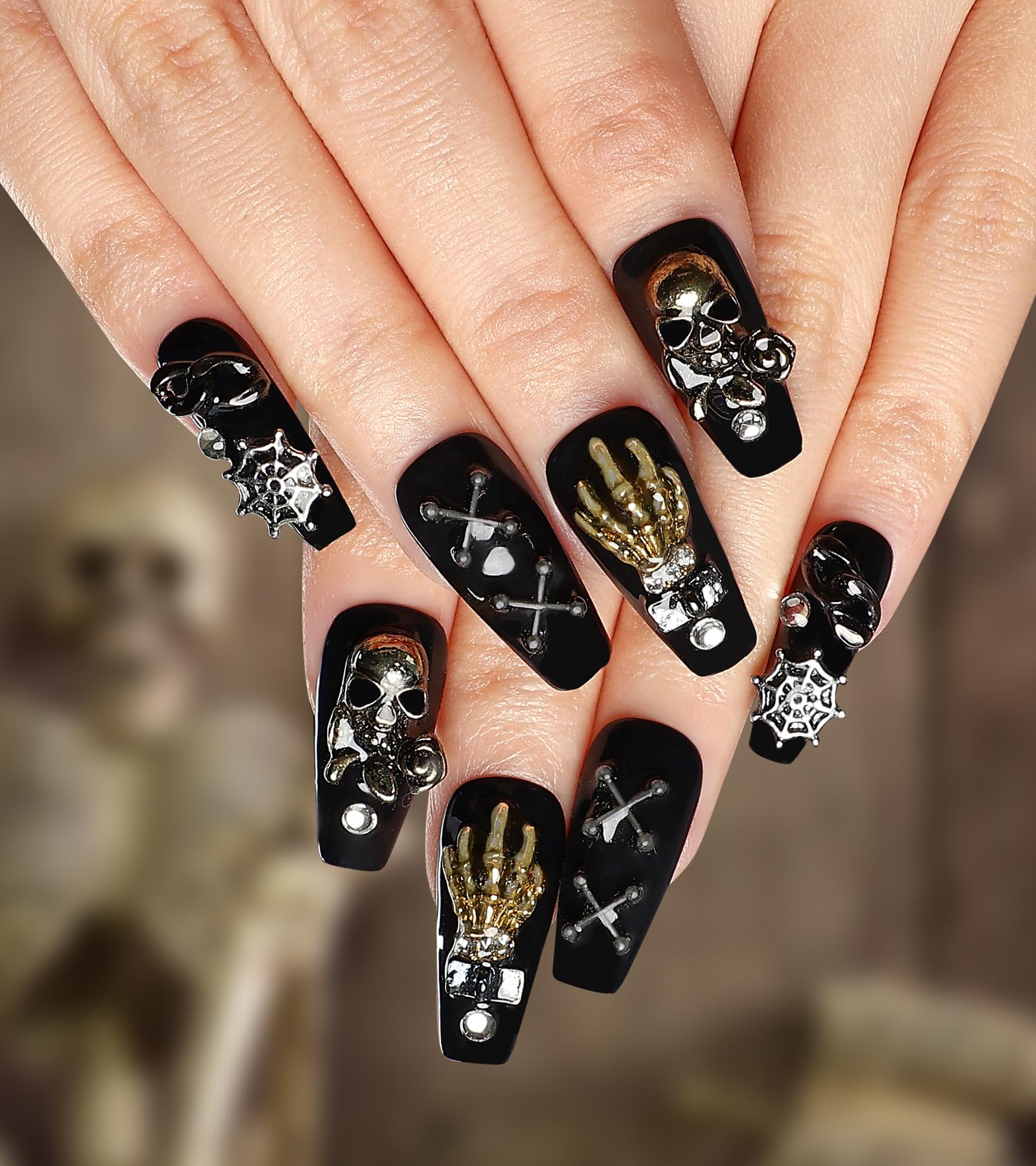 Photo 1 of ***8 PACKS INCLUDED***Morily 24Pcs Handmad Halloween Coffin Press on Nails Medium Length - Black Fake Nails Long Ballerina False Nails with 3D Skull Claws Designs Gloosy Stick on Nails -& VARIOUS OTHER NAILS  Top Coat Added***8 PACKS INCLUDED***