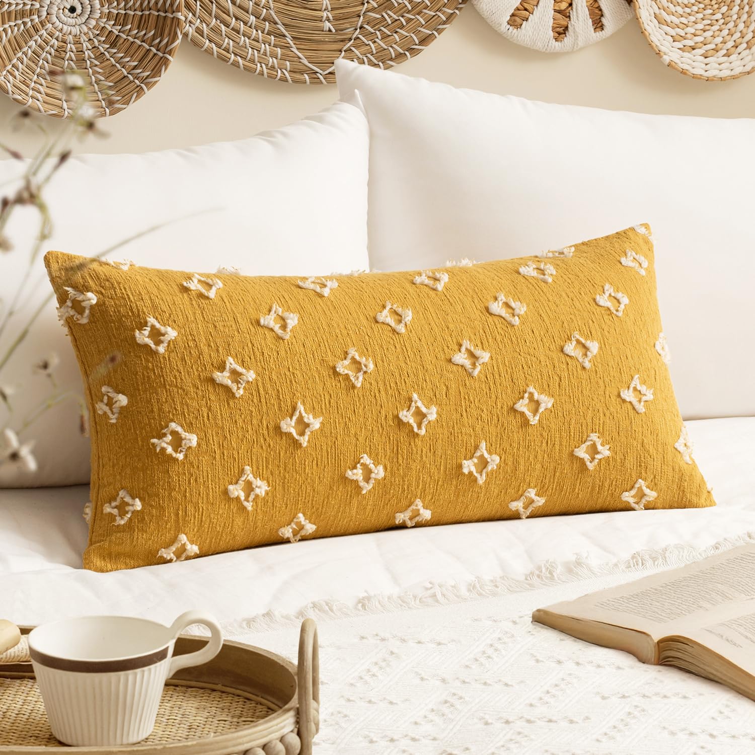 Photo 1 of EMEMA Decorative Throw Pillow Covers Rhombic Jacquard Pillowcase Cushion Case Rectangle for Couch Sofa Bed Living Room Bedroom Set of 1, 12x24 Inch, Mustard Yellow