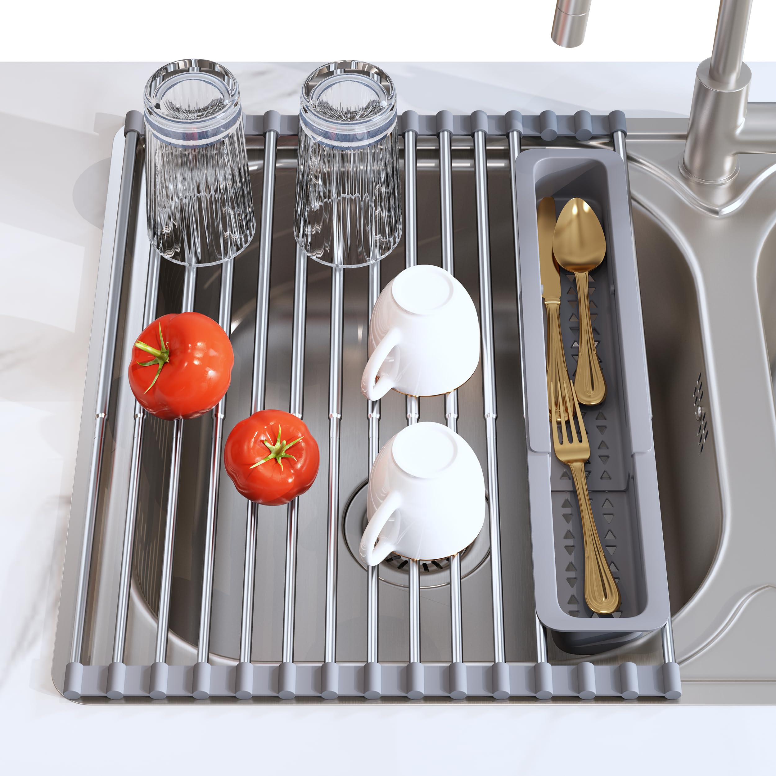 Photo 1 of Jasiway  Dish Drying Rack, Expandable (12.8"-23.8" D x 12.8" W) Stainless Steel Portable Drainer for Kitchen Sink Counter, Foldable Over The Sink Cover with Removable Utensil Holder