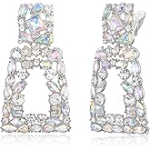 Flyonce Rectangle Clip-on Drop Earrings for Women, Sparkly Rhinestone Crystal Geometric Statement Non Pierced Earring