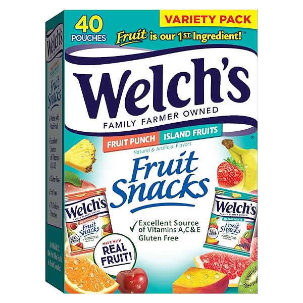 WELCH’S FRUIT SNACKS, FRUIT PUNCH & ISLAND FRUITS, INDIVIDUAL SINGLE SERVE BAGS, 0.8 OZ (PACK OF 40)