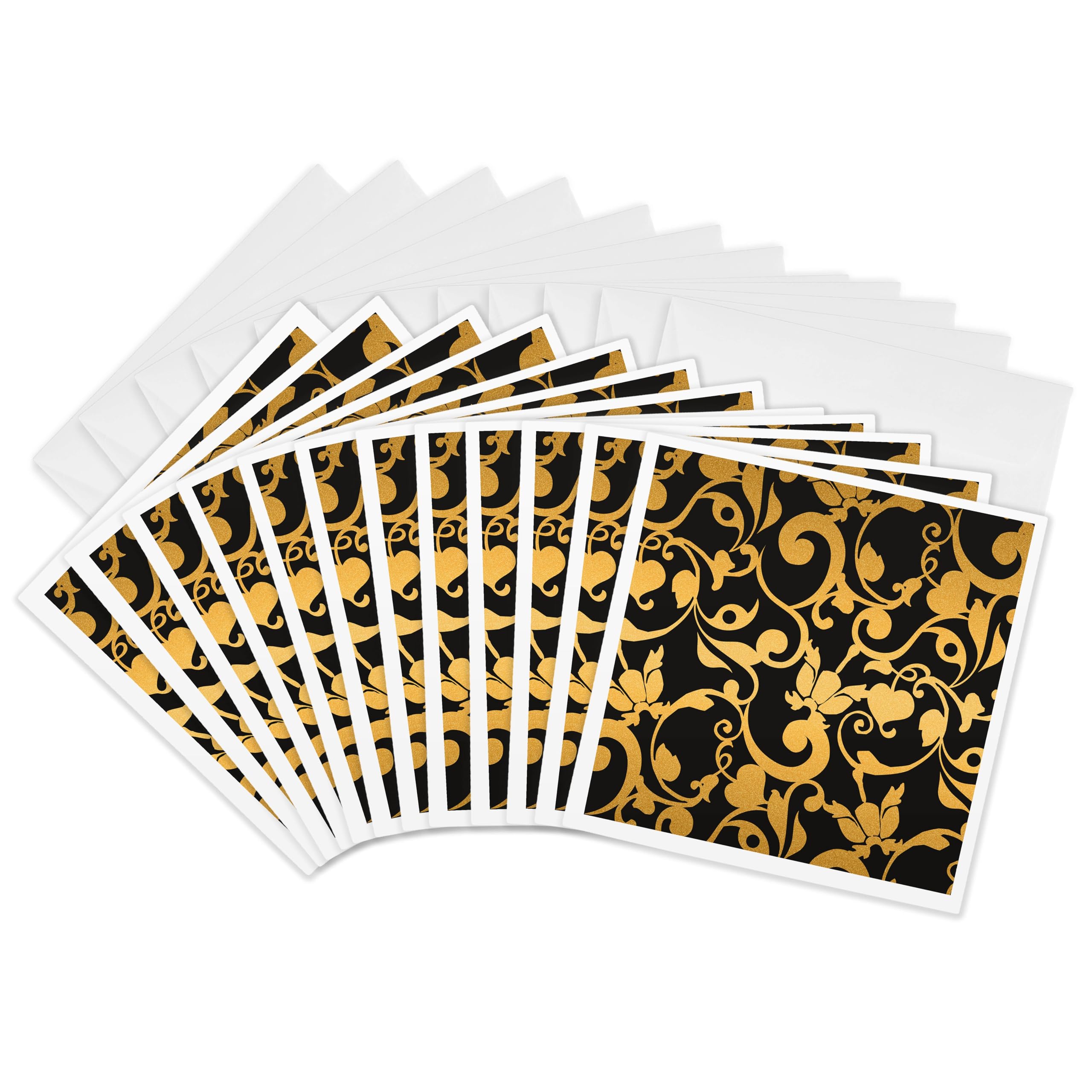 3dRose gc_239960_2 6 x 6-Inch "Glam Gold and Black Flourish Pattern" Greeting Card (Set of 12)