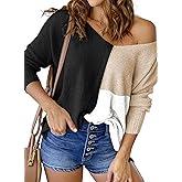 Women Sweaters Fall V Neck One Shoulder Lightweight Loose Long Sleeve Soft Tops