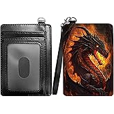 RWUTYTIUL Flame Dragon Slim Minimalist Wallet with Lanyard Strap, PU Leather Front Pocket Wallet RFID Blocking Credit Card Holder Card Cases with ID Window for Man Woman Boy Girl