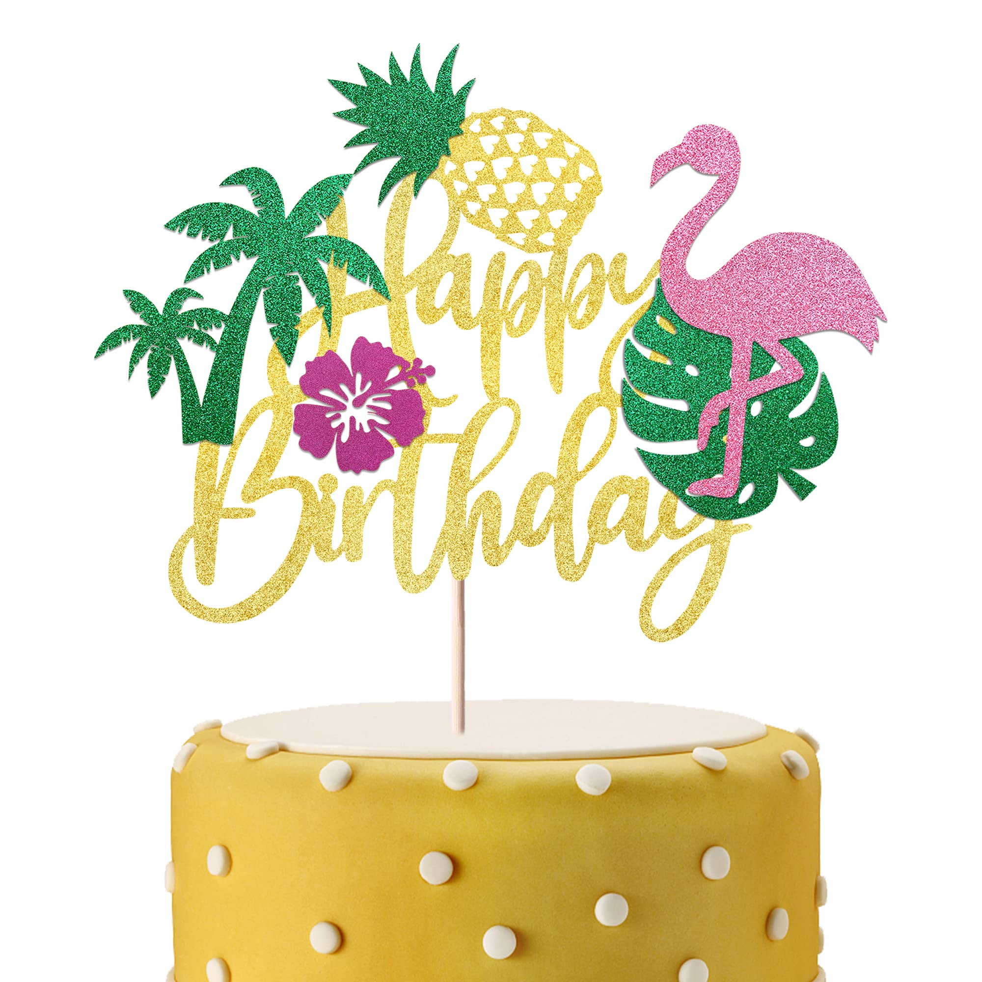 SYKYCTCY 1 Pack Happy Birthday Cake Topper Tropical Luau Cake Pick Glitter Flamingo Flower Plam Leave Pineapple Cake Decoration for Summer Baby Shower Birthday Party Supplies