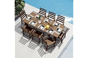 LOUNZY 9 Pieces Patio Dining Sets, Outdoor HDPE Furniture Set for 8 w/ 2" Hole Cut-Out Dining Table with 8 Patio Chairs for Pool, Lawn and Garden,Brown