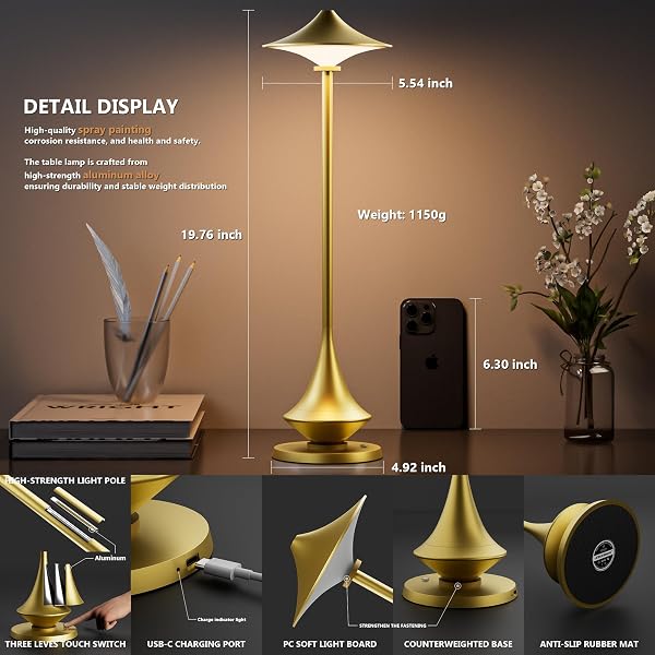 TIMJORMAN MODERN MINIMALIST CORDLESS TABLE LAMP,RECHARGEABLE,ALUMINUM ALLOY BODY FOR LIVING ROOM/BEDROOM/KITCHEN/OUTSIDE (GOLD COLOR 1 PACK)