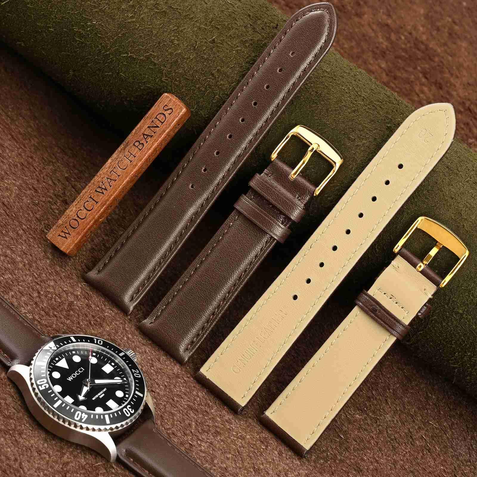 WOCCI 18mm Vintage Leather Watch Band for Men and Women, Gold Buckle (Dark Brown)