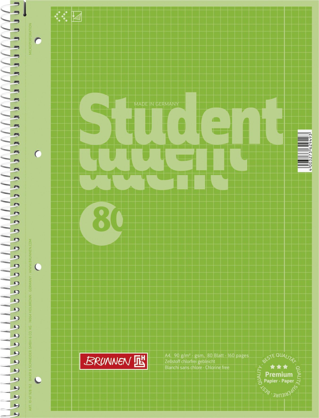 Brunnen 1067928190 Notebook, Student Notepad (Square, A4, line: 28, 90 g/m², 80 Sheets) Green