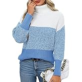 QIANSIQIANBO Womens Turtleneck Sweater Striped Color Block Sweaters Long Sleeve Casual Fall Knit Sweater Chunky Pullover Tops