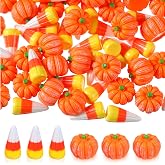 Wettarn 60 Pcs Fake Candy Corn Mini Resin Pumpkins Halloween Fall Charms | Mini Artificial Set for DIY Crafts, Fake Halloween Thanksgiving Decor, Orange Pumpkin Corn Charms for Handmade Ornaments