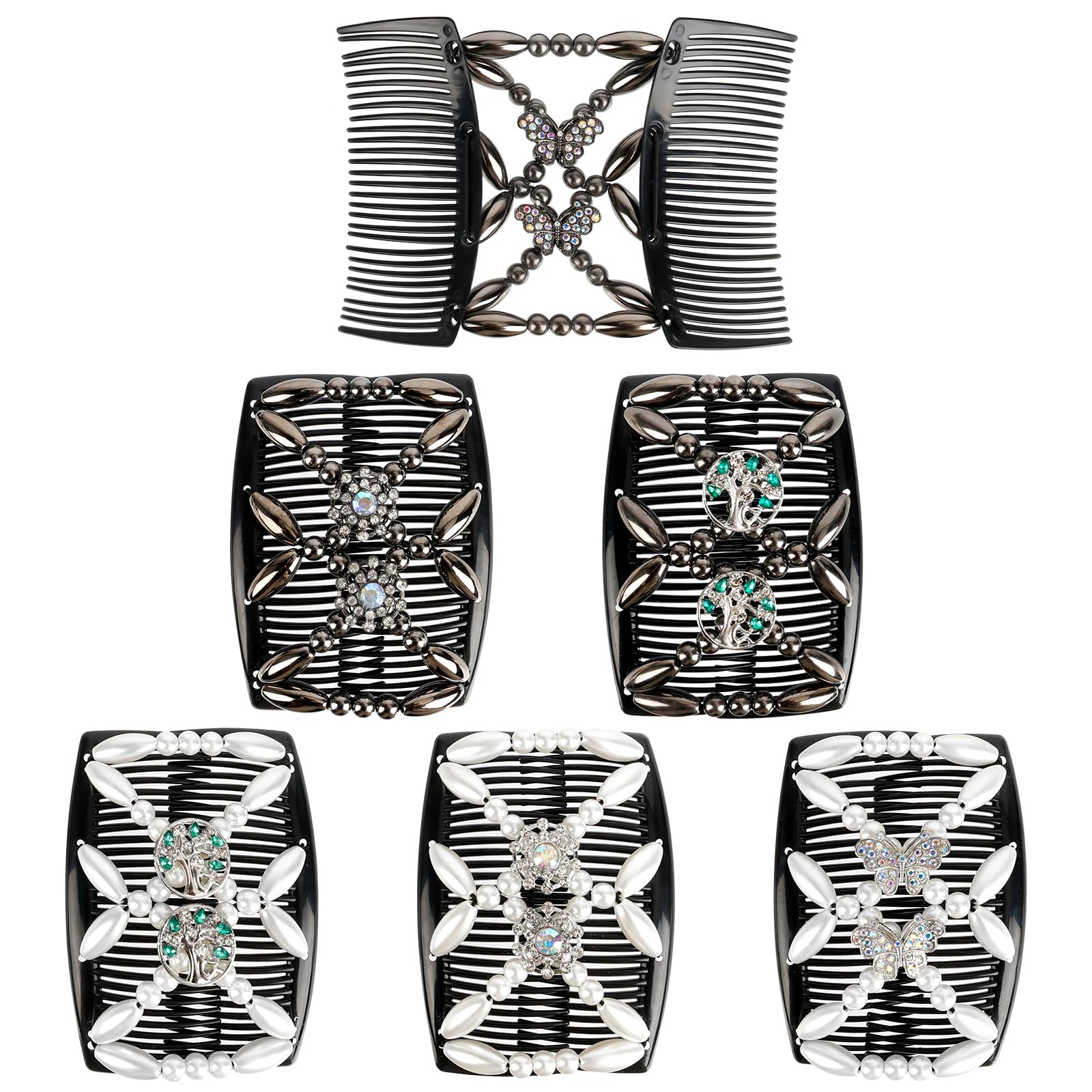 Dadabig 6 PCS Beaded Hair Combs, Elastic Comb Double Hair Combs Clips Hair Clip Stretchy for Women Girls Hair Accessory DIY Hair Styling Tool, 3 Styles and 2 Colors