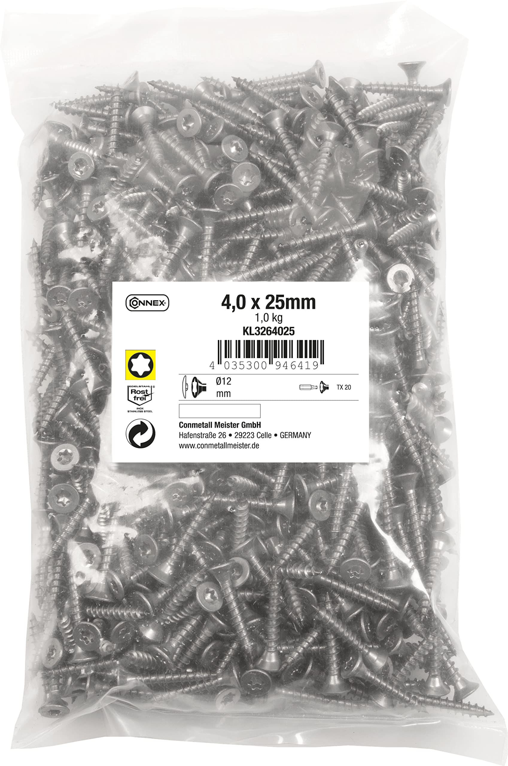 Connex KL3264025 Universal Screws 4.0 x 25 mm - 1 kg Bulk Pack - Countersunk Head - TX Drive - Full Thread - Stainless Steel/Screw Set/Screws in Bag