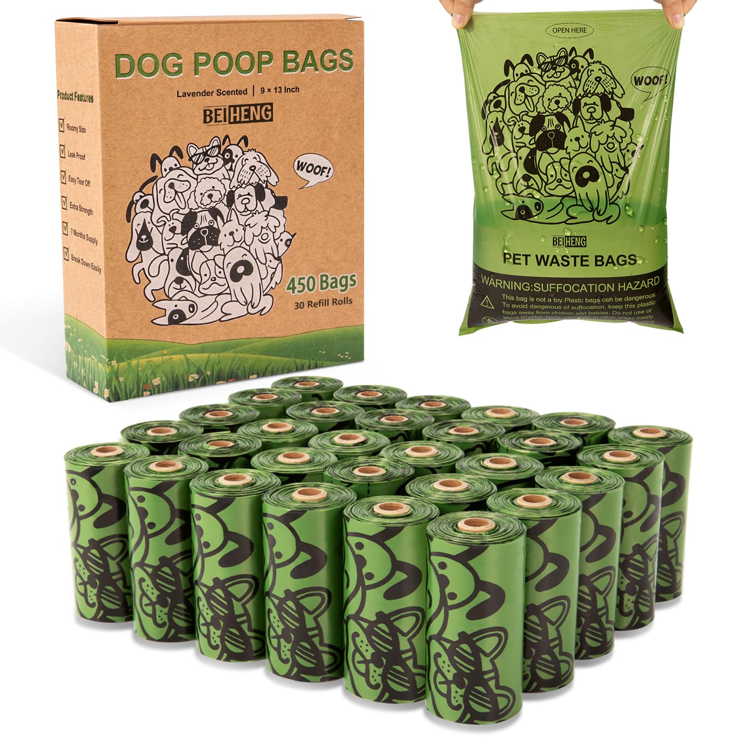 Dog Poo Bags - 450 Counts Biodegradable Thick Leak Proof Pet Poop Waste Bag Refill Rolls for 7 Month Supply, Lavender Scented