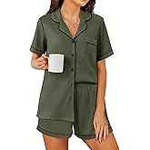 Ekouaer Womens Waffle Knit Pajama Sets Soft Short Sleeve Button Down Sleepwear Cozy 2 Piece Pjs Shorts Set