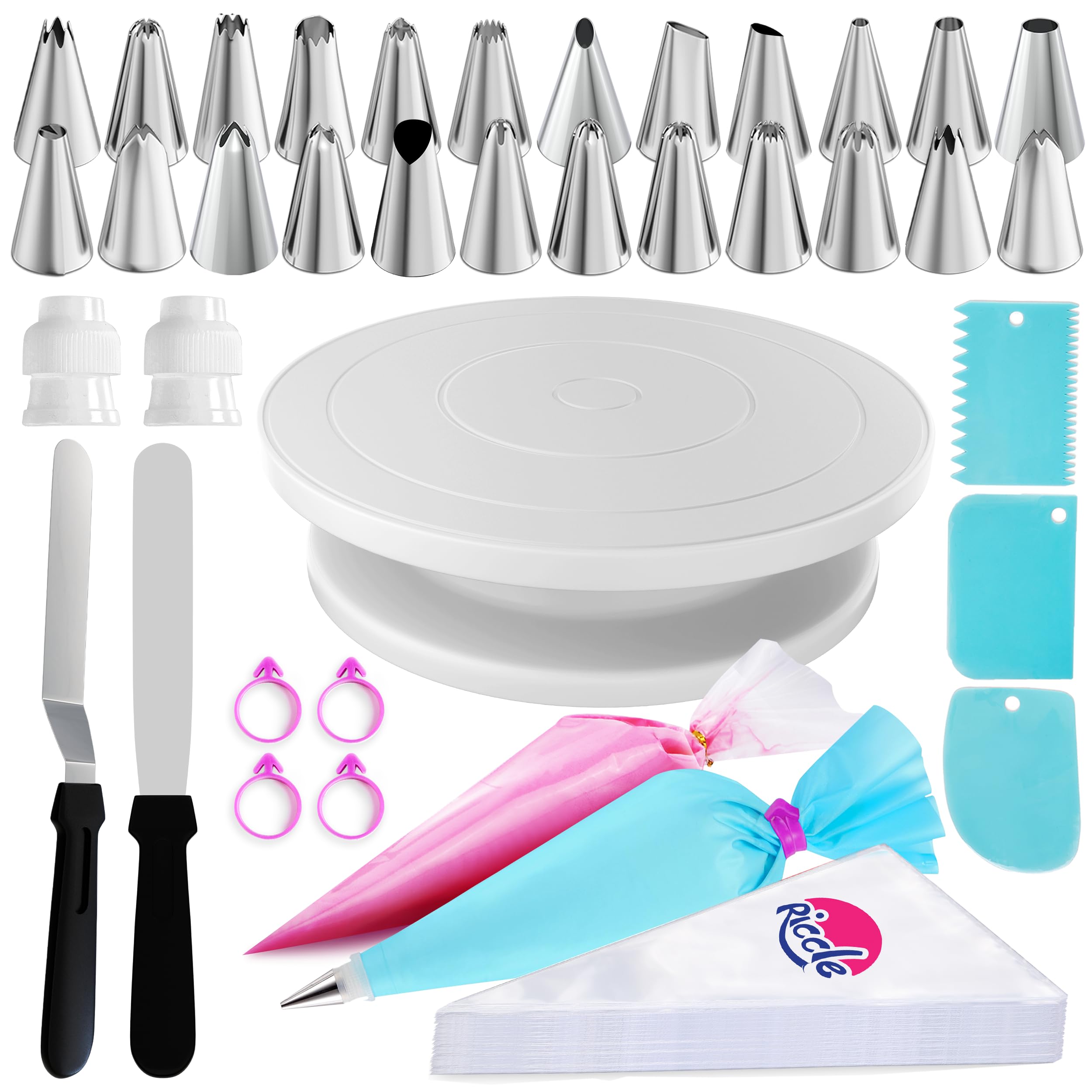 Photo 1 of *JUST CAKE TURNTABLE********************Riccle 88 pcs Cake Decorating Kit with Cake Turntable - Includes 50 Disposable + 2 Reusable Piping Bags and Tips Set, 24 Icing Piping Tips, 2 Spatulas, 3 Icing Comb Scraper, Baking Supplies