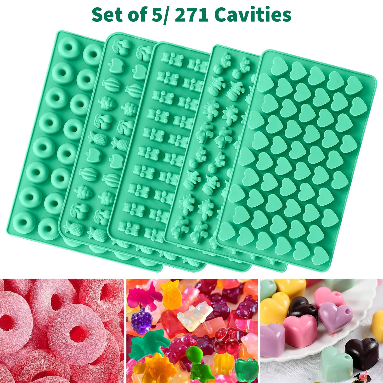 Silicone Gummy Molds Set of 5, Candy Molds Silicone with 2 Droppers for Convenient Filling, Gummy Molds Set Includes Dinosaur, Bear, Donut, Heart and Fruit