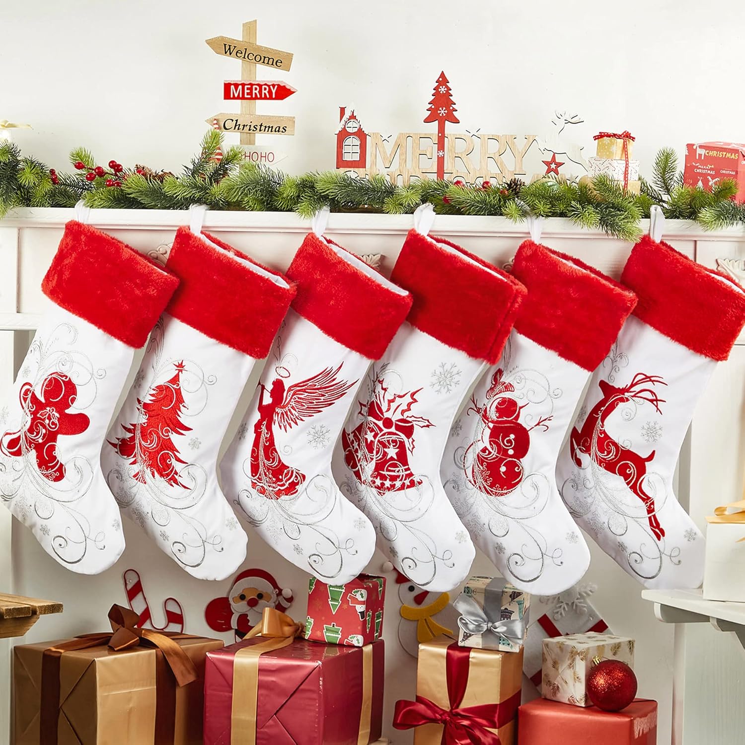 Stockings & Holders - Roycraft Christmas Stockings 6 Pack 18 Inches Christmas Decorations Ornaments Velvet with Embroidered Design for Xmas Decor Indoor