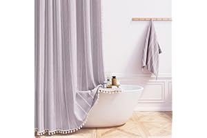 BTTN Boho Farmhouse Shower Curtain, Linen Rustic Weighted Striped Fabric with Tassel, Water Repellent, Modern Bohemian Vintage Country Cloth for Bathroom, Lavender, 72x72