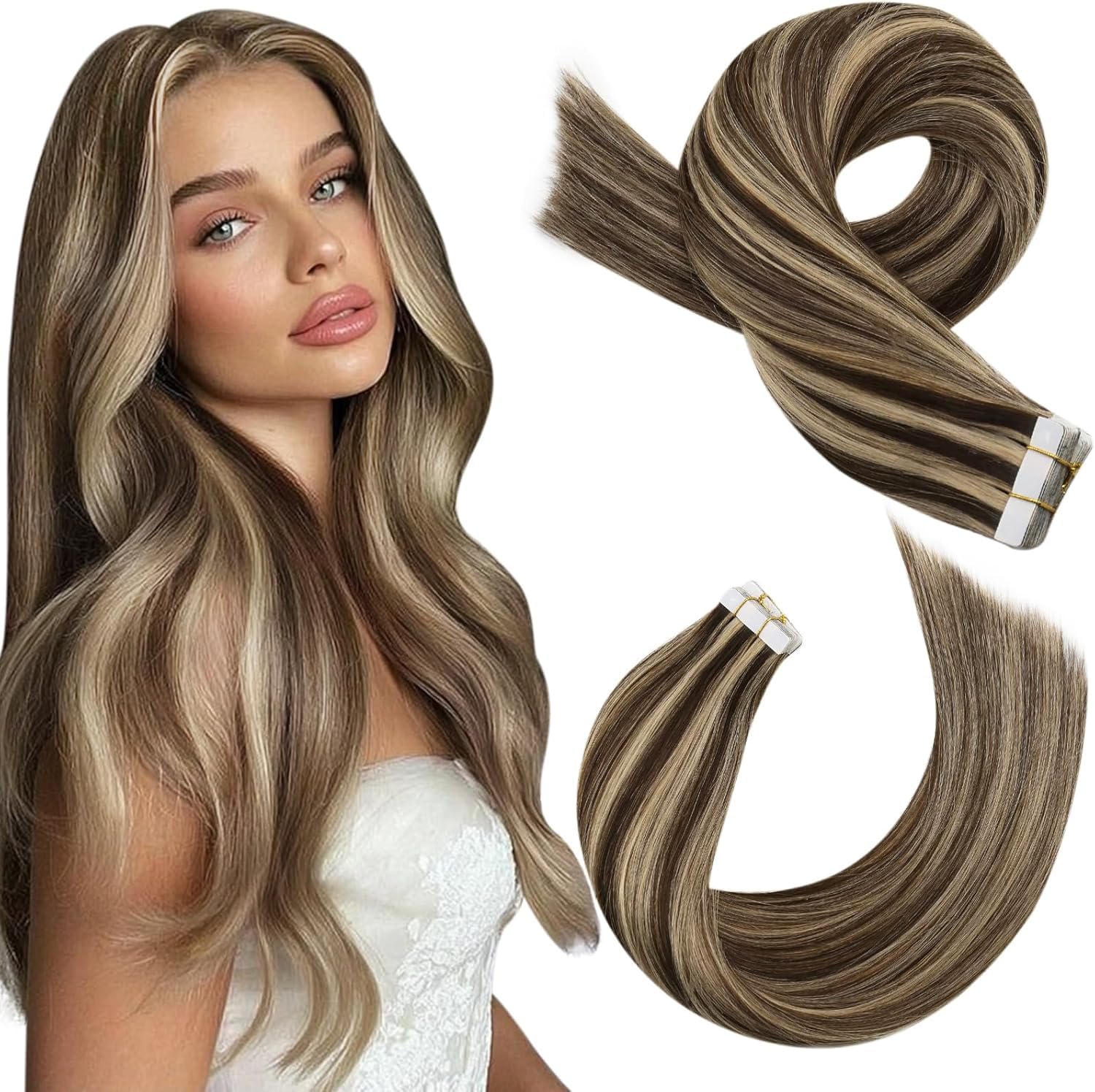 Moresoo Tape in Hair Extensions Highlight 14 Inch Remy Human Hair Dark Brown with Caramel Blonde Tape Hair Extensions 50g/20pcs #P4/27 — image 1