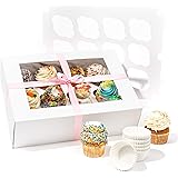 Bakery Cupcake Boxes and Cake Carrier: 4 Treat Holder Storage Boxes - Disposable Bakery Box with Clear Window, 4 Removable In