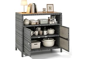 RELAX4LIFE Wicker Outdoor Bar Cabinet - PE Rattan Patio Bar Table w/Acacia Wood Countertop, Open Shelf & 2 Doors, Buffet Side