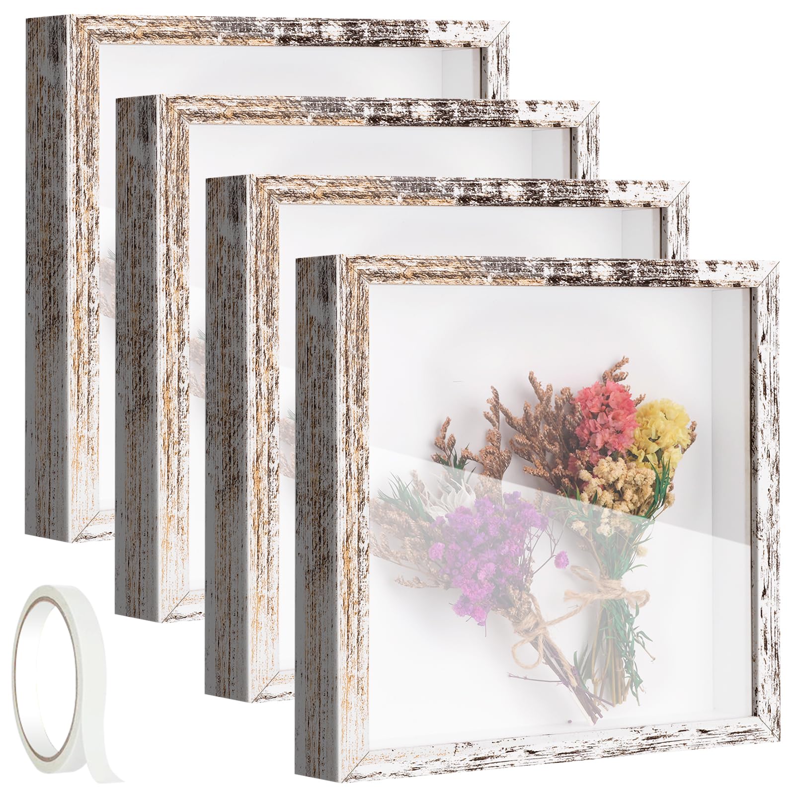 Photo 1 of 4 Pack 8 x 8 Shadow Box Frame Shadow Boxes Display Cases Memorial Picture Frame 3D Picture Frame with Adhesive Tape for Keepsake Wedding Bouquet Memories Crafts Awards Medals Tickets and Photos
