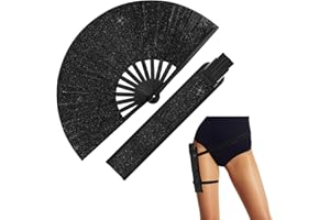 Ripeng 13'' Large Glitter Folding Fan with Holster for Line Dancing Boots on the Ground Clack Hand Fan for Music Party Decor