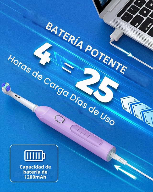 Cepillo Eléctrico Giratorio, 8 Cabezales 4 Modos Limpieza Blanco
