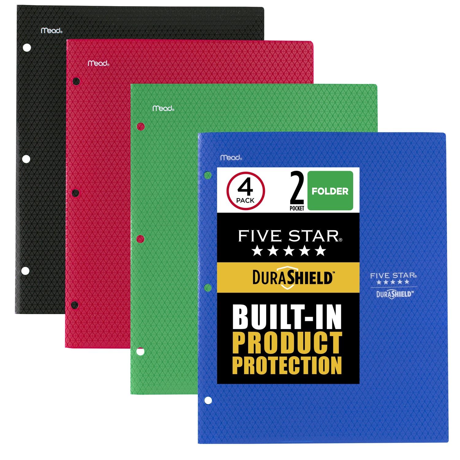 Five Star DuraShield Antimicrobial 2 Pocket Stay-Put Plastic Folders, 4 Pack, Holds 11" x 8-1/2", Black, Red, Electric Green, Cobalt Blue (330010)