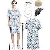 Cupohus Women's Old Lady Wig Costume Set, 100 Days of School Adult Granny Dress Cosplay, 8PCS Set- Grandma Wig and Cap, Retro Glasses with Chain, Faux Pearl Jewelry, Cane, Blue Floral Dress Outfit