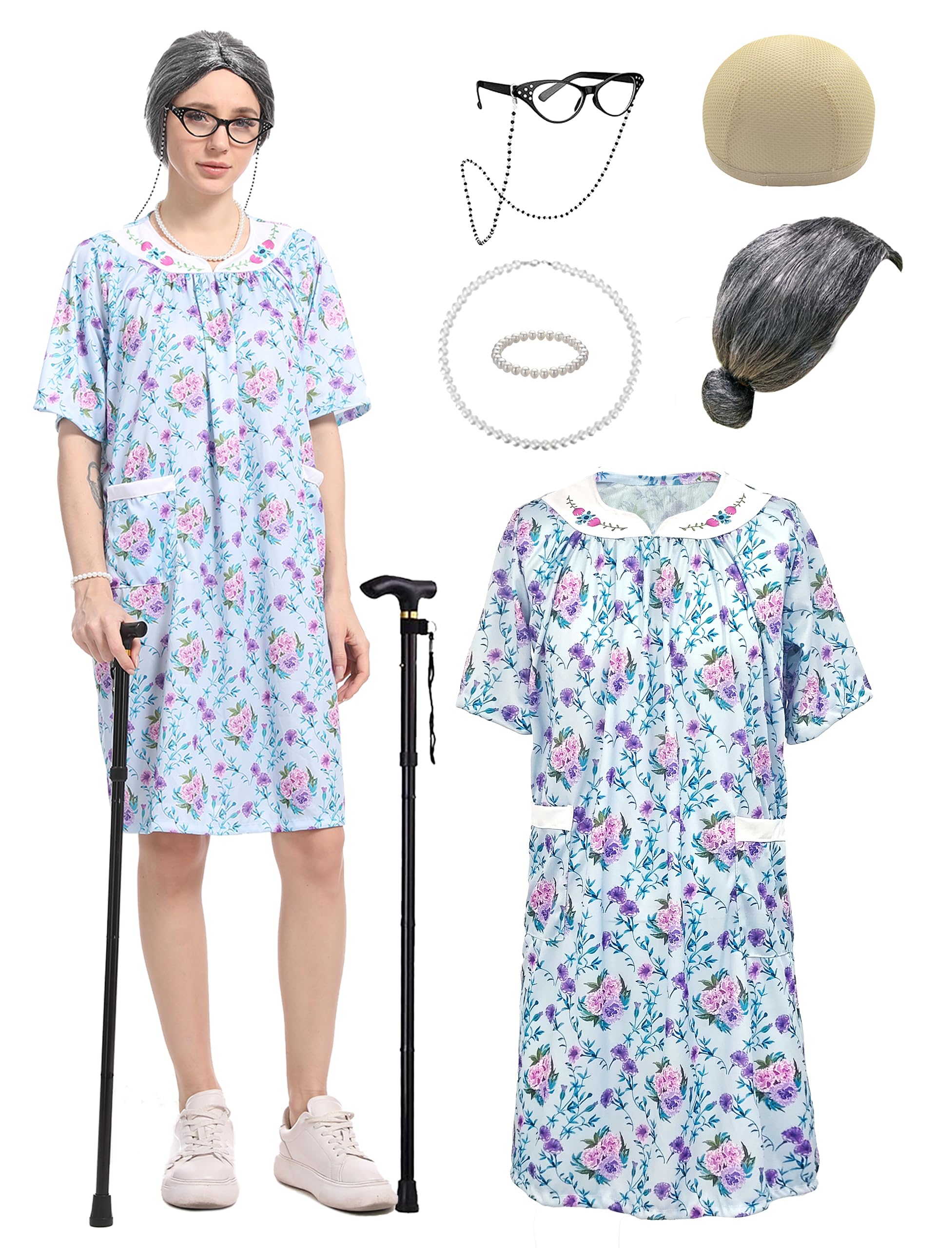 Photo 1 of Cupohus Women's Old Lady Wig Costume Set, 100 Days of School Adult Granny Dress Cosplay, 8PCS Set- Grandma Wig and Cap, Retro Glasses with Chain, Faux Pearl Jewelry, Cane, Blue Floral Dress Outfit