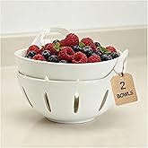 seicasaya Ceramic Berry Basket Set of 2 &ndash; 6-Inch Fruit Colander Bowls with Drain Holes, Modern Stoneware Design, Dishwasher Safe (White)