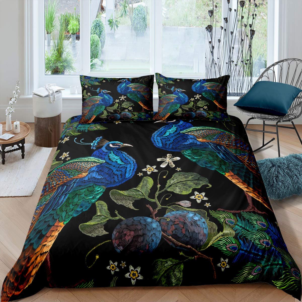 Loussiesd Chinese Style Bedding Set Watercolor Peacock Printed Duvet Cover Set for Kids Adults Boho Feather Comforter Cover Botanical Leaves Branches Quilt Cover Bedroom Collection 3Pcs Double Size