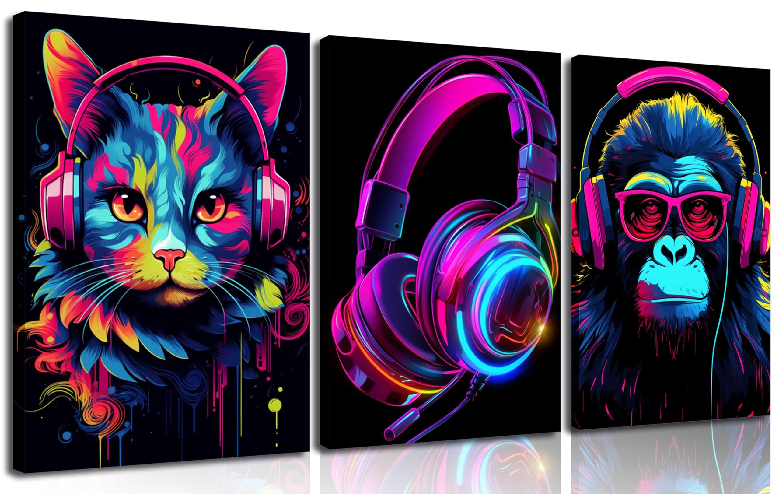 WSTUKVV 3Pcs Cool Gaming Wall Art Retro animal Game watercolor Posters Pictures Colorful Neon Canvas Painting Prints for Boys Room Kids Game Room Accessories Bedroom Home Decoration Unframed
