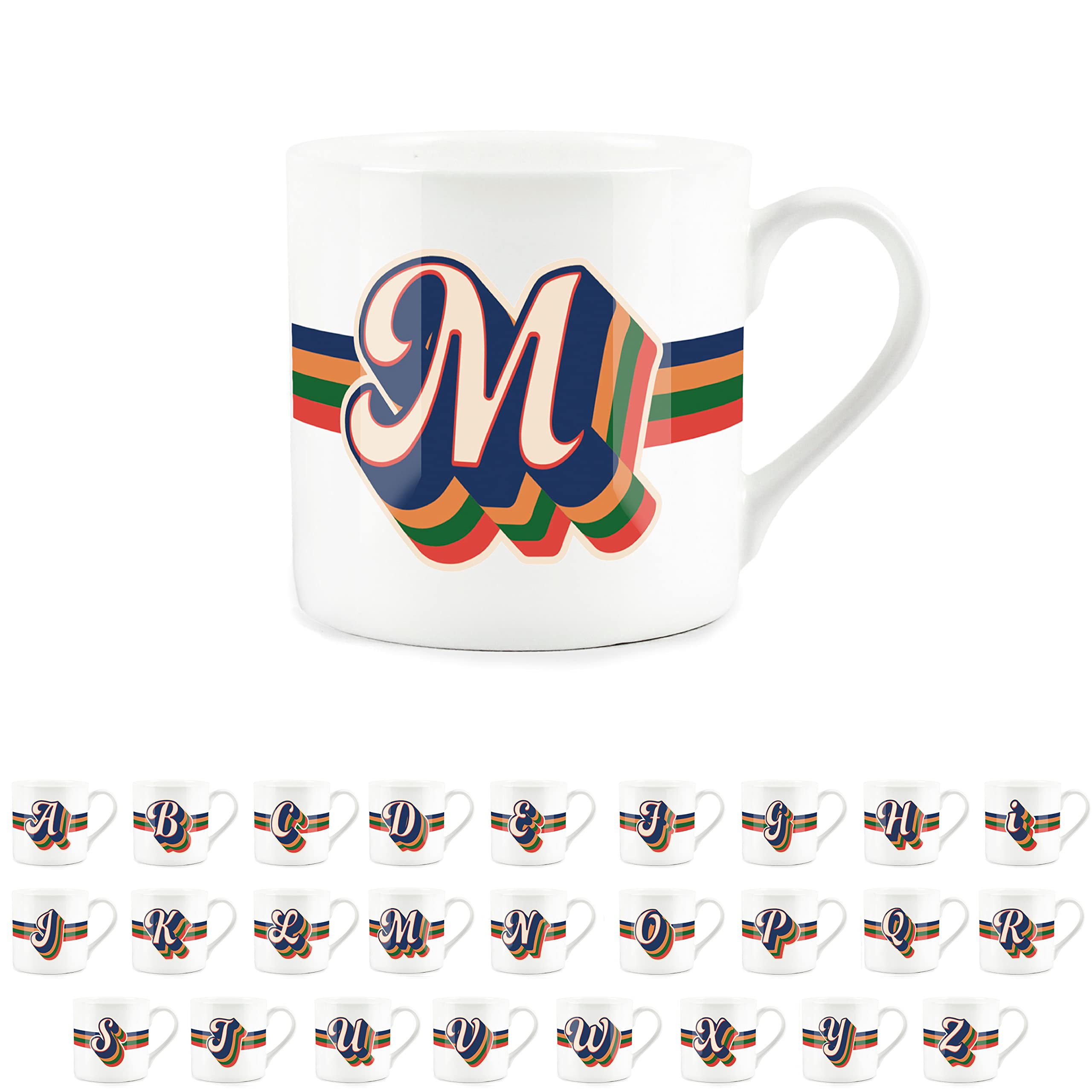 Purely Home Retro Alphabet Letter M Mug - Bone China White Coffee Tea Present Personalised Initial Gift