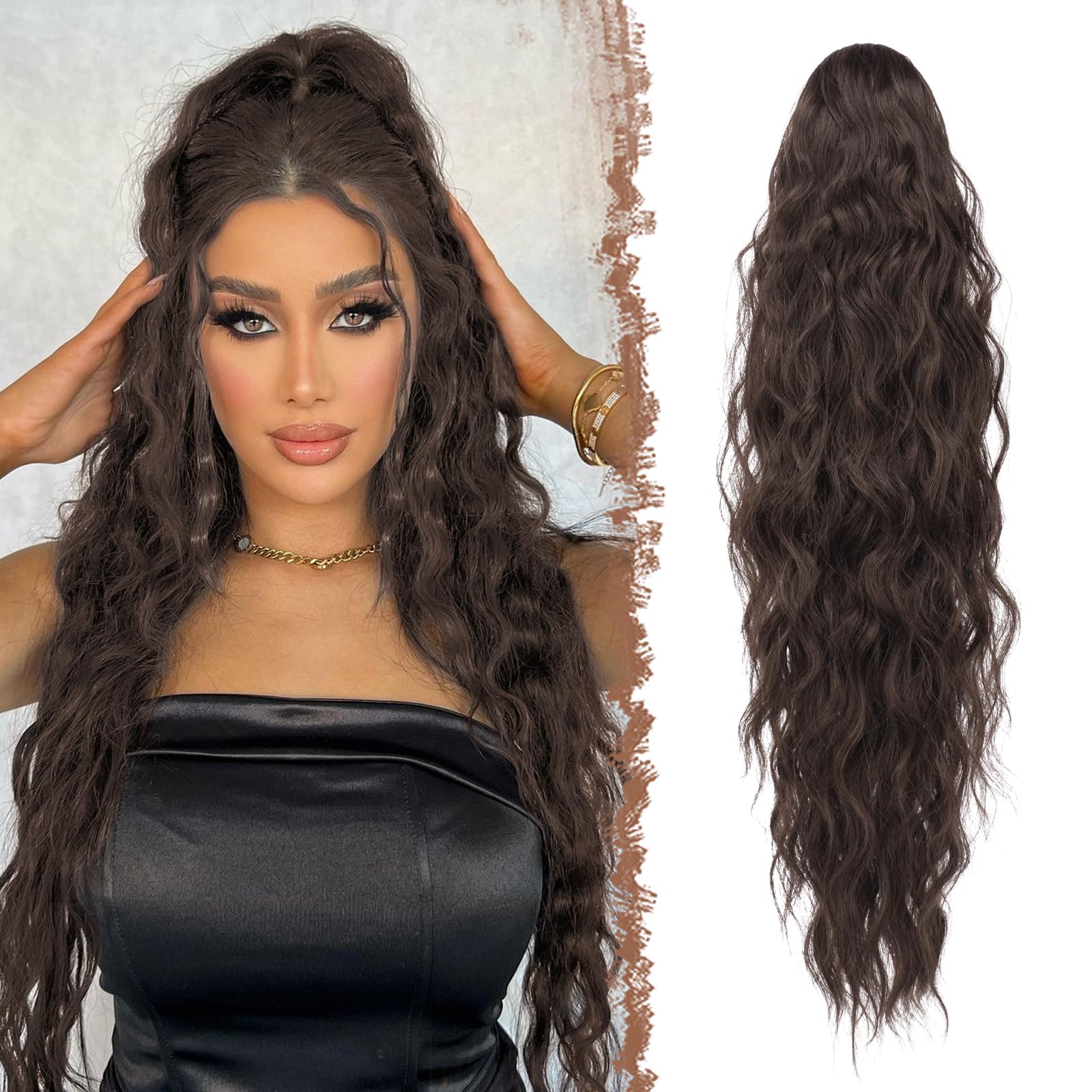 FESHFEN Long Curly Wavy Drawstring Ponytail Extensions Clip in Wavy Synthetic Hairpieces Chocolate Brown Mixed Dark Brown Drawstring Ponytail Curly Hair Piece Pony Tail Extension for Women, 26 inch — image 1
