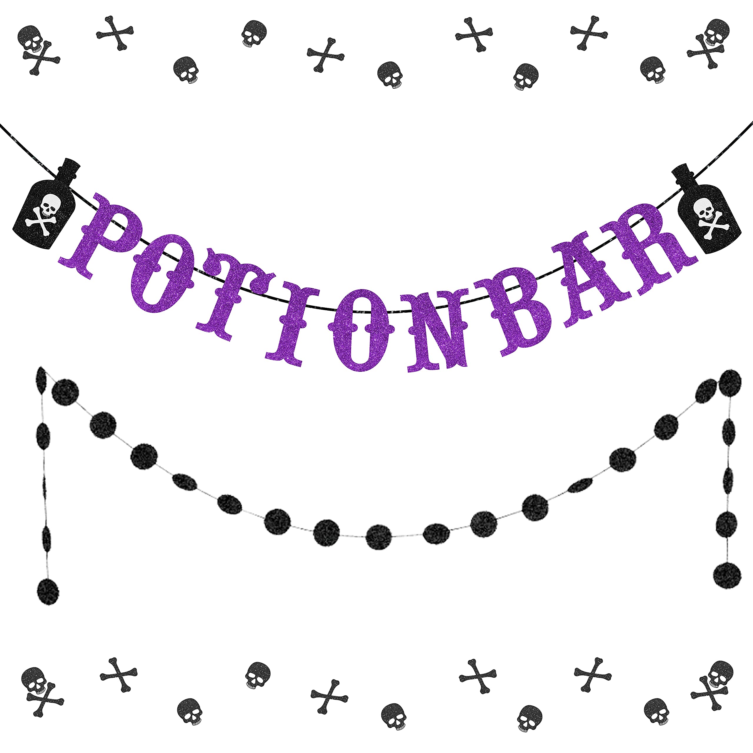 Halloween Potion Bar Banner and Circle Dots Garland - Halloween Party Supplies for Bar Table Home Indoor Outdoor Decors (Purple Black Glittery)