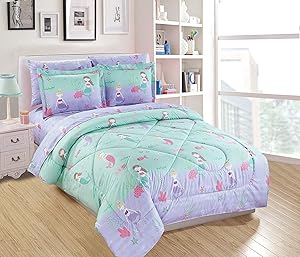 Elegant Home Multicolor Mermaid Sea Life Design 7 Piece Comforter Bedding Set for Girls/Kids Bed in a Bag with Sheet Set # Mermaid (Full)