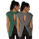 icyzone Open Back Workout Top Shirts - Yoga t-Shirts Activewear Exercise Tops for Women(Pack of 2)