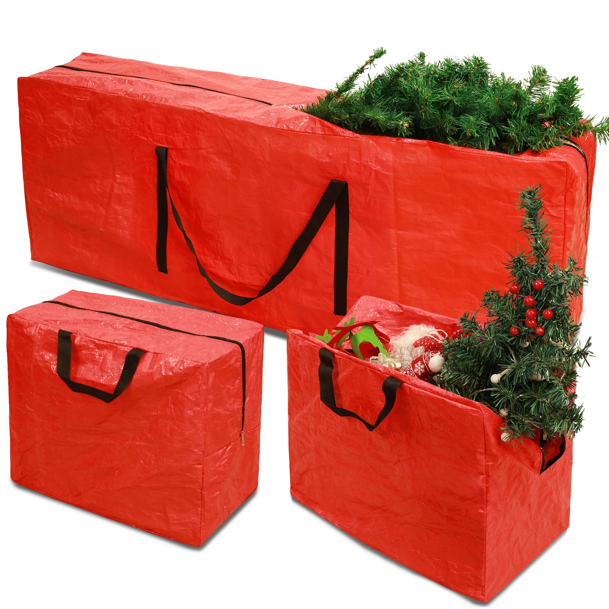 RICHIE 3-Piece Large Christmas Tree Storage Bag with 2 Christmas Decoration Bags for up to 7.5ft Tall Christmas Trees, Xmas Tree Storage Box Easy to Carry, Waterproof Storage Bags (Red)